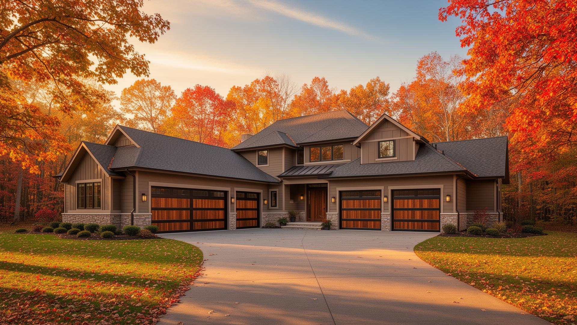 Premium insulated steel garage doors with wood overlay on beautiful ranch-style home in autumn